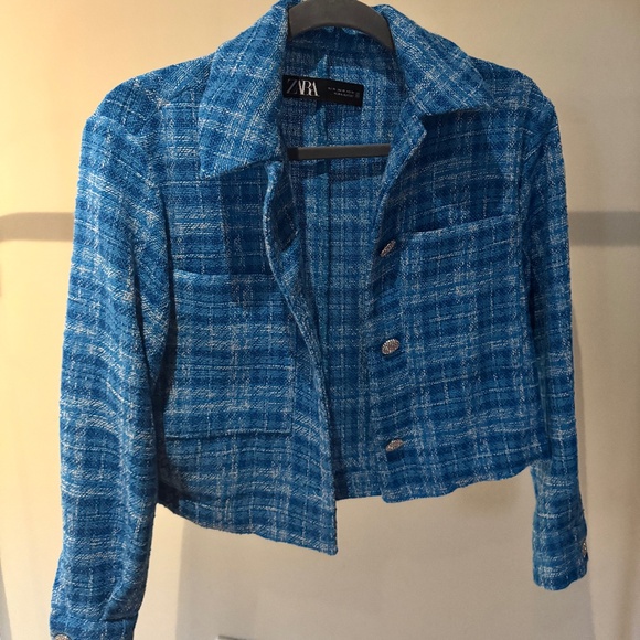 Zara Jackets & Blazers - ZARA Blue Tweed Cropped Jacket with Sparkle Buttons - Size XS